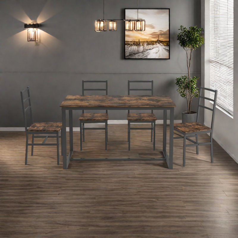 Ensemble de table et de chaises cinq pièces avec dossier, style industriel, structure solide, Brun, Brun