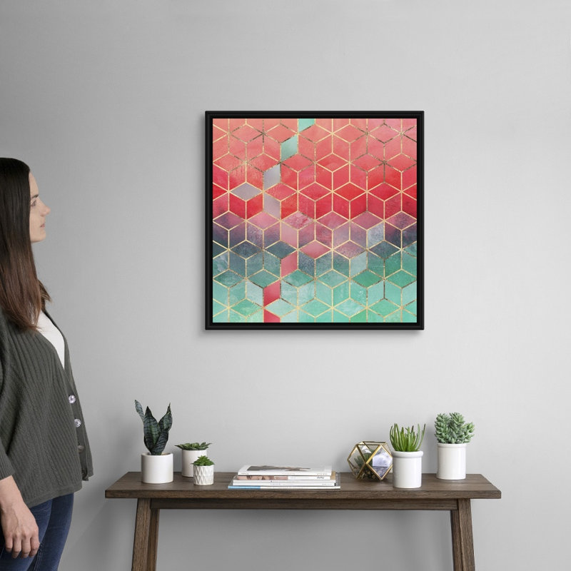 «Rose and Turquoise Cubes», reproduction d'impression sur toile, Cadre flottant noir, H 25,7 po x l 25,7 po x P 1,75 po