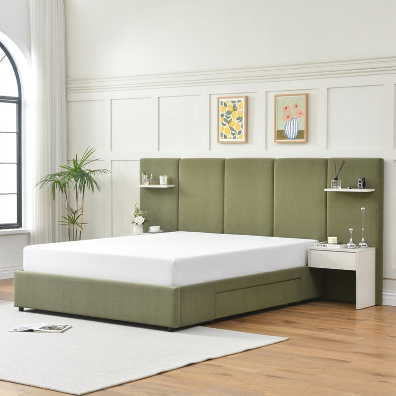 Tall Headboard Upholstered Platform Bed with Nightstands, Drawers & Floating Shelves, Queen, Green Velvet, Queen, Green
