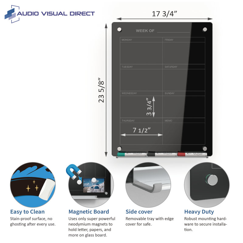 Planche audio-visuelle en verre effaçable à sec hebdomadaire 18 po x 24 po pour audio-visuel, Noir