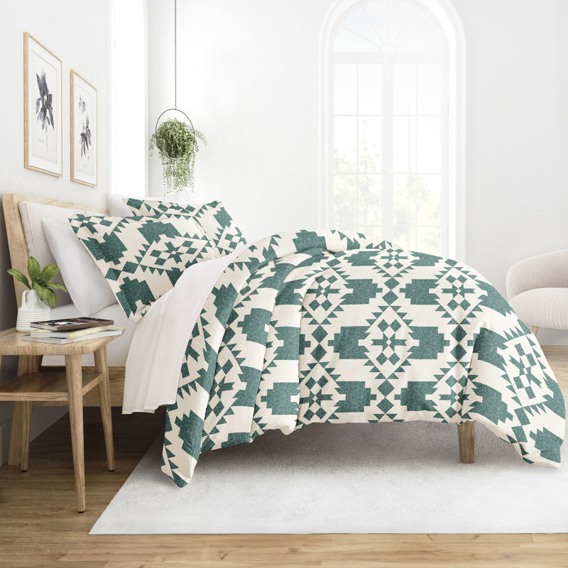 Teal and White Geometric Microfiber Twin Duvet Cover Set