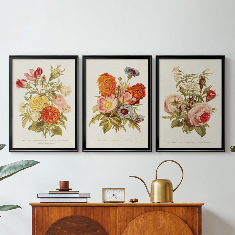 Antique Floral Bouquet I - Toile tendue avec châssis sur mesure - 3 pièces, H 21 po x l 30 po, Noir