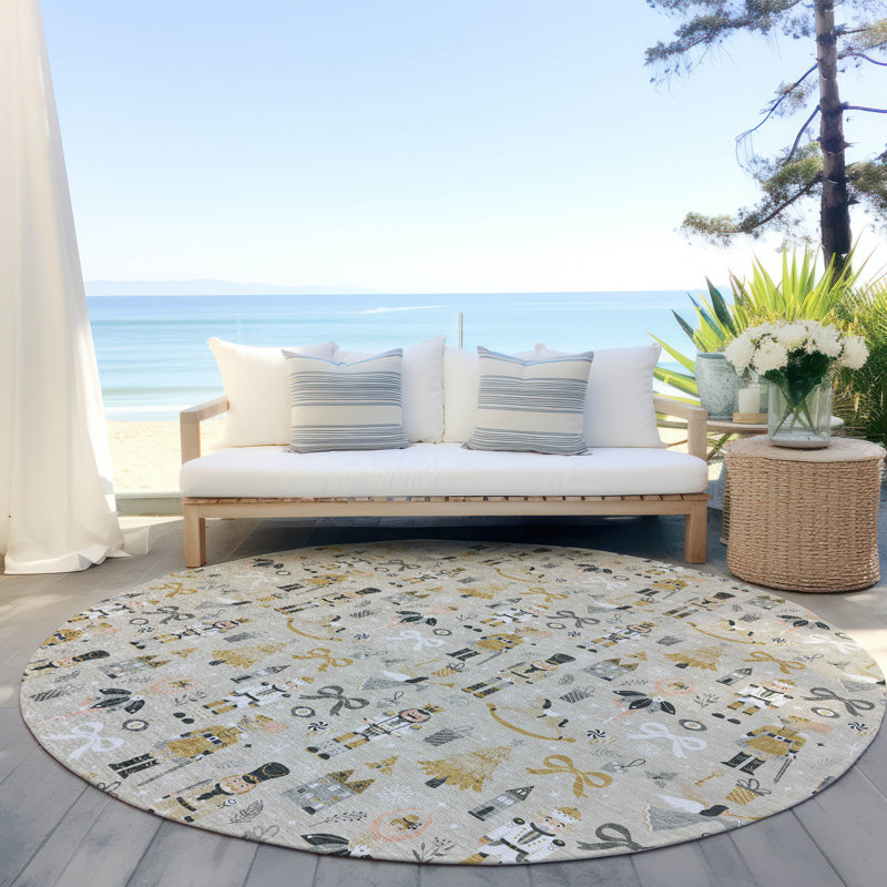Tapis beige casse-noisette intérieur / extérieur lavable à la machine Xhevrie, Rond 8 pi