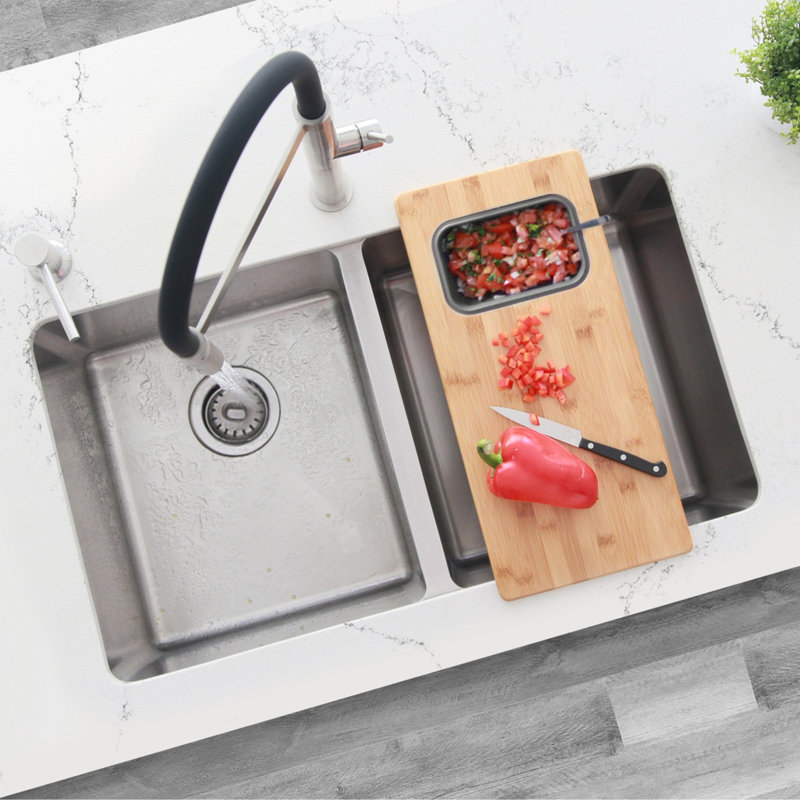 Stylish 18 inch Over the Sink Bamboo Cutting Board with 1 Collapsible Container