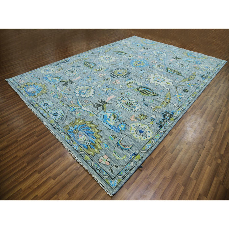 Tapis noué à la main 10 pi 1 po x 14 pi 0 po gris pur en laine Oushak
