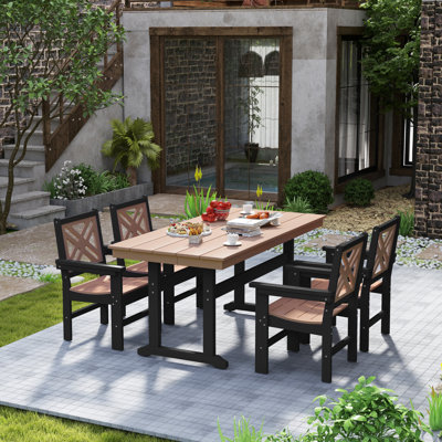 4-Person Patio Dining Set, HDPE Outdoor Table and 4 Arm Chairs with Wood-Grain Texture, Umbrella Hole, Adjustable Leveling Feet