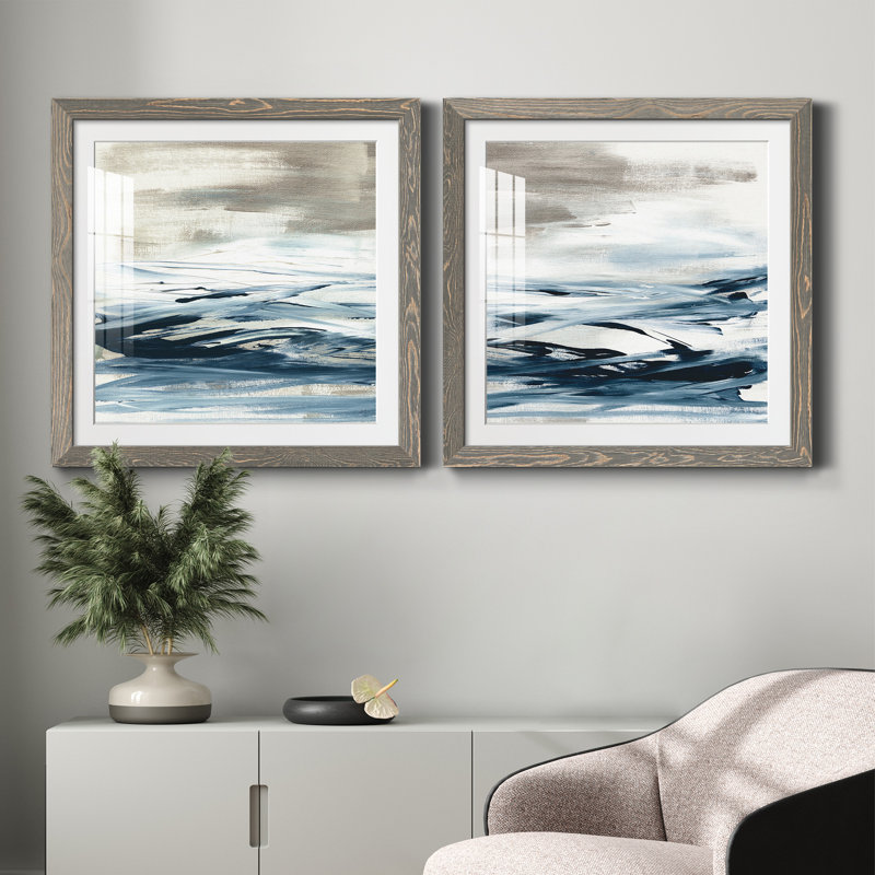 Tumultous Indigo I - ensemble de 2 peintures encadrées, Encadré gris, H 31,5 po x l 63 po x P 1,5 po