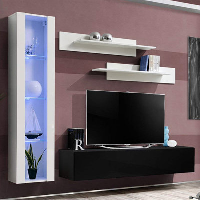 Wabasso 85" Modern Floating Wall Mounted Entertainment Center with 16-Color LED Lighting, High Gloss Finish