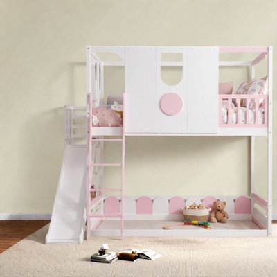 Lit mezzanine pour enfants avec glissade et étagères de rangement, en bois MDF, style maison moderne