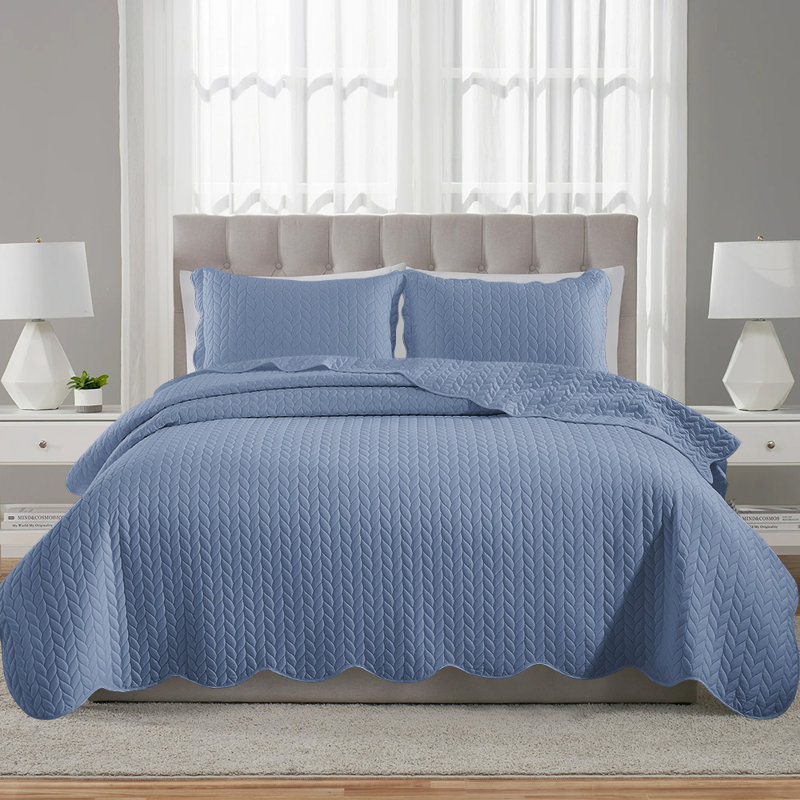 Microfiber Embossed Bedspread Set, King Bedspread + 2 King Shams, Washed Blue