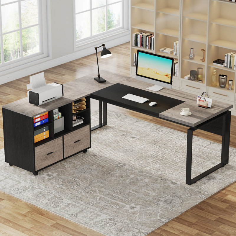 Bureau de direction 2 pièces avec classeur pour bureau personnel, Gris / Noir