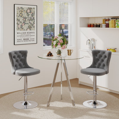 3 Piece Bar Height Set, Tempered Glass Round Dining Table and Velvet Adjustable Dining Chairs.