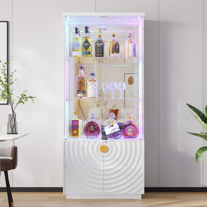 Armoire bar 71 po en verre avec éclairage à DEL RVB et capteurs de mouvement, armoire de rangement verrouillable à 3 niveaux