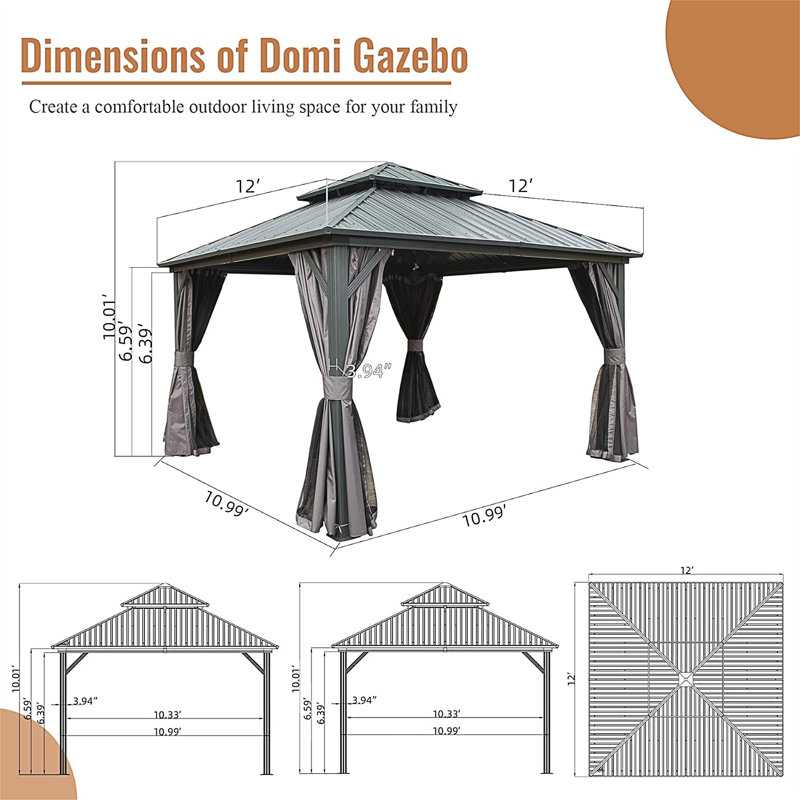 12' X 12' Hardtop Gazebo, Gray
