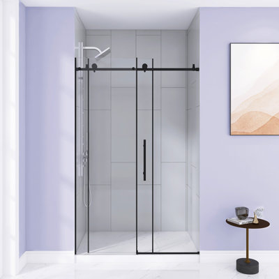 44-48 "W X 76" H Frameless Shower Door , 1/4 "(6 Mm) Clear Tempered Glass, Explosion Proof Film, Stainless Steel Handle, Matte Black
