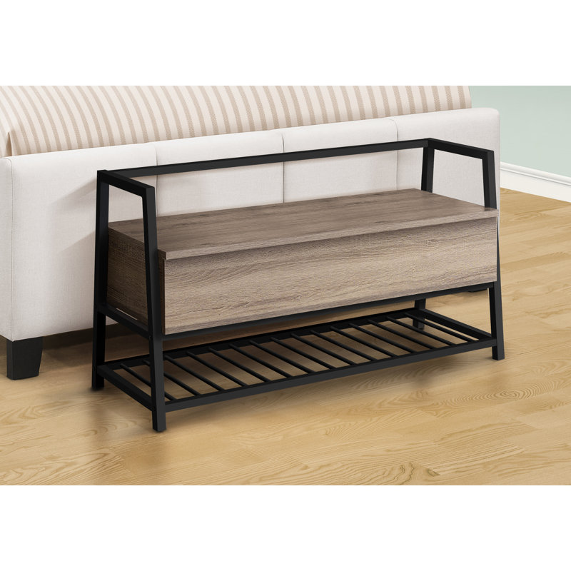 42" Taupe Bench For Hallway With Storage Compartment, Black Metal, Contemporary Entryway Storage, Dark Wood-Look Finish, Metal Construction