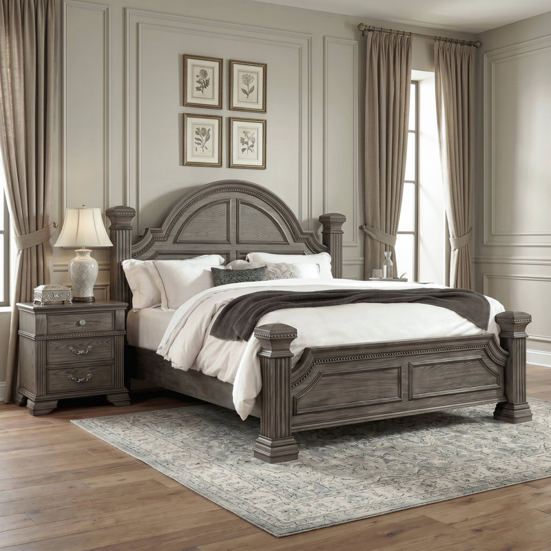 Ensemble de chambre à coucher en bois avec tête de lit en forme de cloche Adames, Gris, Grand lit