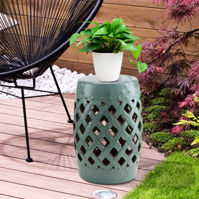 Tabouret de table de jardin 13 po x 18 po en céramique, émail bleu antique, porcelaine robuste, polyvalent pour l'extérieur et l'intérieur, tabouret ornement 13 po x 18 po, céramique, polyvalent, pour patio, terrasse, cour, ornements