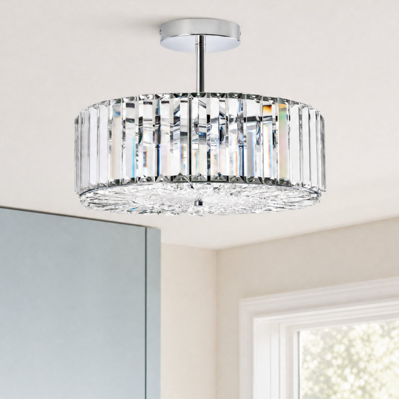  Plafonnier semi-encastré cylindrique en cristal à 4 lumières à intensité variable, Nickel brossé, Quatre lumières