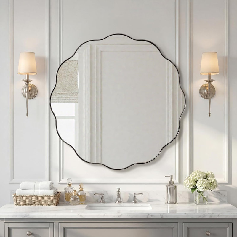 Contemporary Round Wavy Mirror Circle Bathroom Vanity Mirror | Stainless Steel Frame, Brushed Nickel, 36" x 36"
