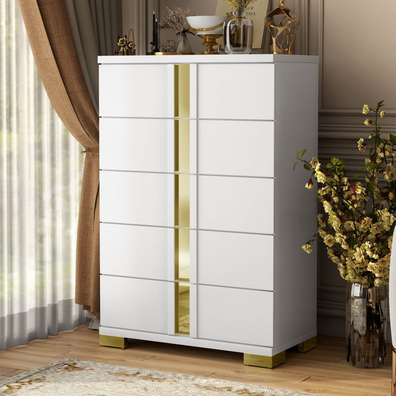 Commode 5 tiroirs Clemson, Blanc / Doré