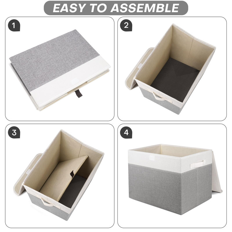  Grey & White Linen Storage Bins - Foldable, Stackable Organizer With Lids, Multi-Purpose For Home