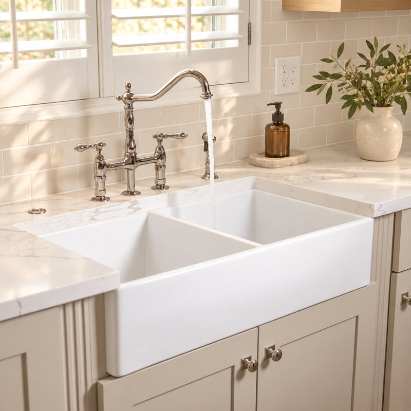 Turner 33" Crisp White Fireclay Farmhouse Apron-Front Double Bowl Kitchen Sink, Double, 33"