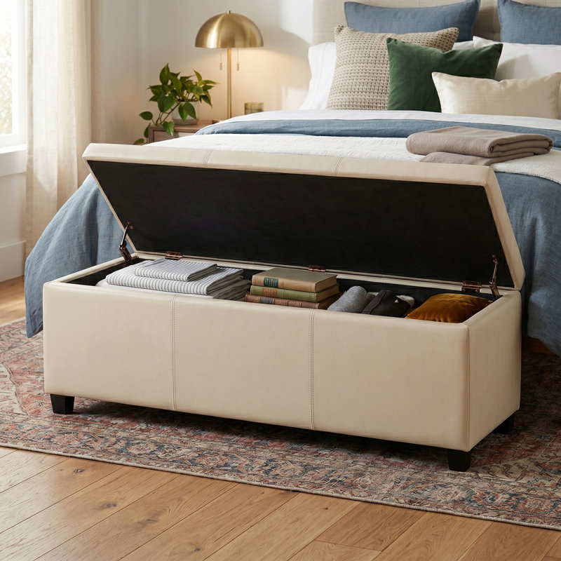 Banc rembourré avec rangement en mousse à haute densité de 48 po Avalon, Similicuir satiné crème