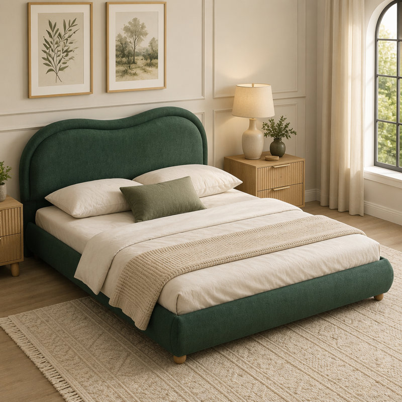 Lit plateforme tapissier avec tête de lit courbée et coins arrondis, cadre de lit en chenille avec lattes en bois et pieds en chêne massif, aucun sommier requis