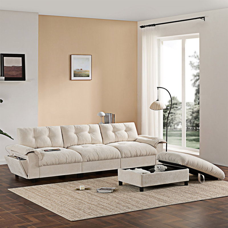 Canapé modulaire avec porte-gobelet et repose-pieds de rangement mobile, Chenille beige