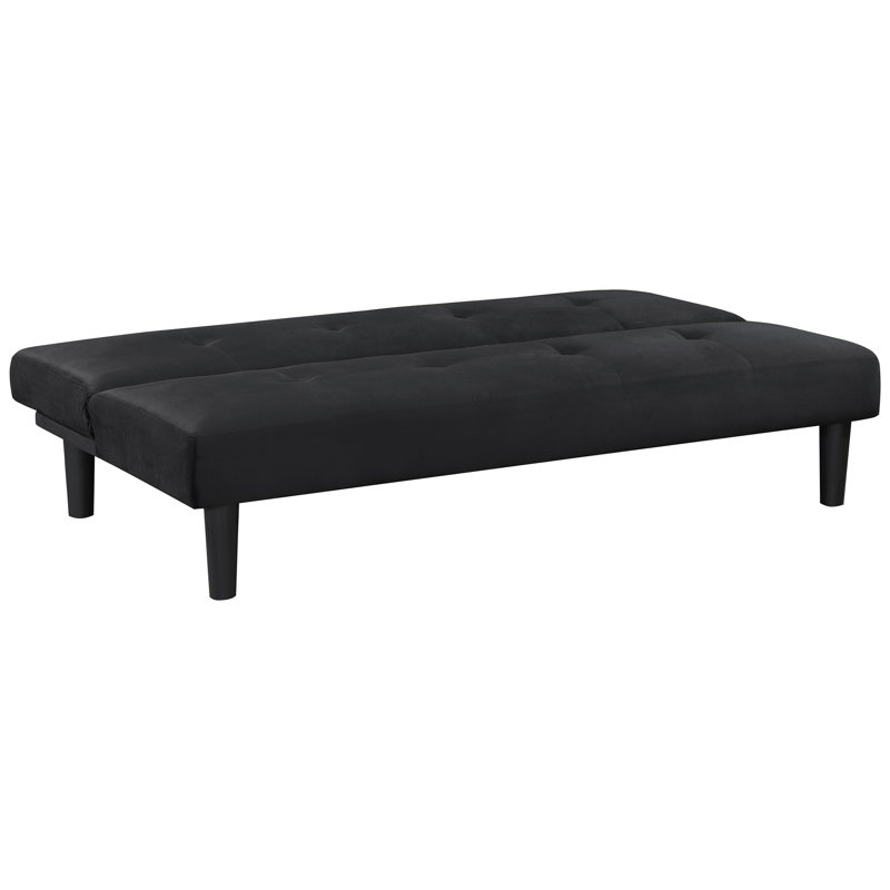 Lit convertible moderne noir sans accoudoirs avec un design, une texture lisse et un revêtement en velours doux, un capitonnage biscuit et un support