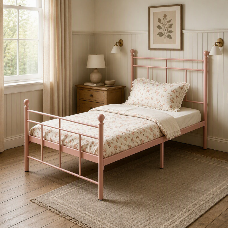 Cadre de lit double robuste en métal avec sommier à lattes, sans sommier tapissier, silencieux, Pink