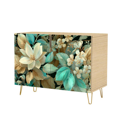 Sideboard Buffet Cabinet with Storage Hand Painted Tropical Foliage Watercolor Seamless Furniture with 2 Doors for Living Room and Kitchen