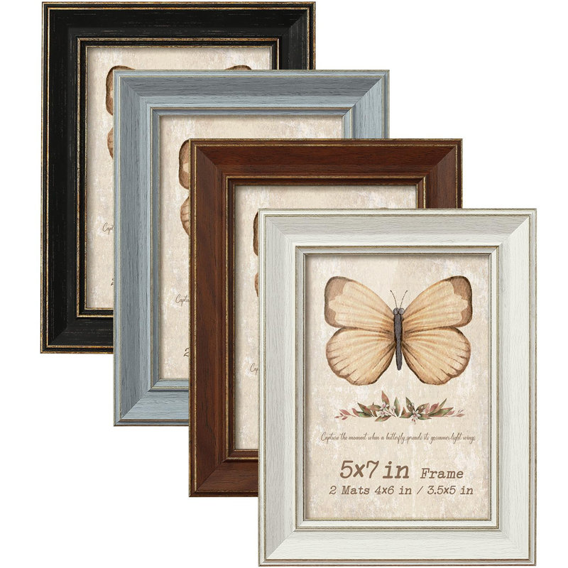 5X7 Picture Frame Set Of 4 With 2 Mats, Rustic Farmhouse Photo Frame With Tempered Glass, Distressed Vintage Frame 3.5X5 & 4X6 With Mat Or 5X7 Without Mat For Wall Or Tabletop Display Home Office Gift
