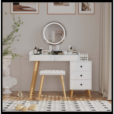 Dressing Table With LED Lights, Glass Top, Extendable Side Table, 5 Drawers, Mirror And Stool For Bedroom Organization And Styling.