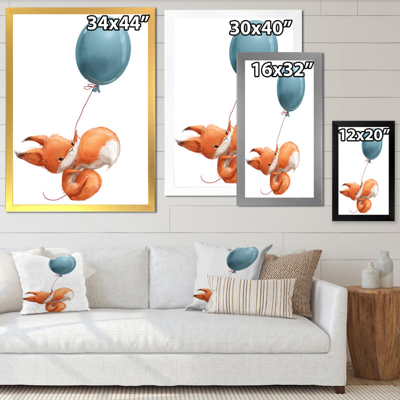 Mignon petit dessin d'un écureuil avec ballon - peinture sur toile, H 32 po x l 16 po x P 1 po, Cadre photo blanc