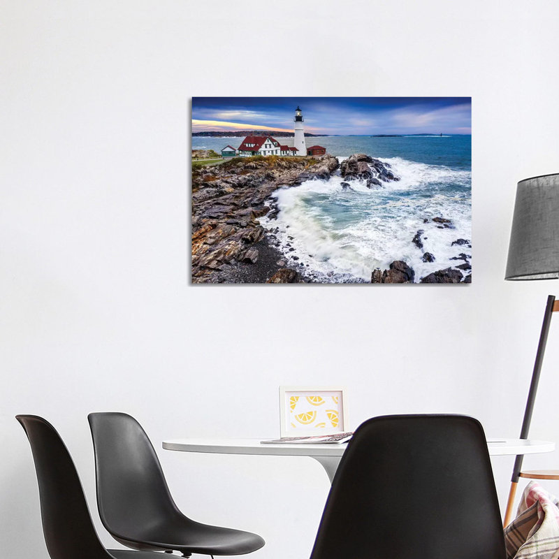 Aerial View Of Storm Rolling In Cape Elizabeth Lighthouse Portland Maine by Susanne Kremer - Wrapped Canvas Print