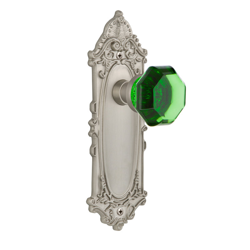 Emerald Crystal Waldorf Interior Mortise Door Knob with Victorian Long Plate, Satin Nickel, 2-1/4”