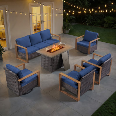 Ensemble de mobilier de patio pour 7 personnes avec table de foyer, ensemble de conversation en osier toutes saisons avec chaise et coussins épais Drazen