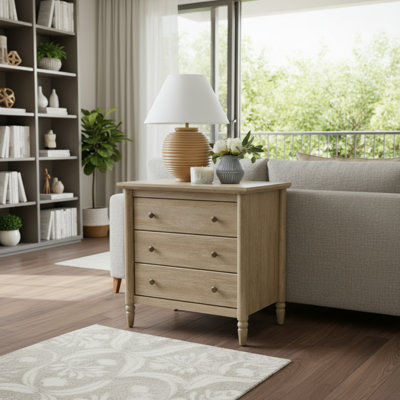 Brushed Oak Veneer Three-Drawer Bedside Table With USB Port.