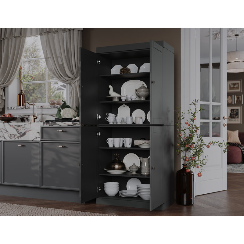 Garde-manger 100% bois massif 32 po avec portes Shaker et tablettes réglables, Gris