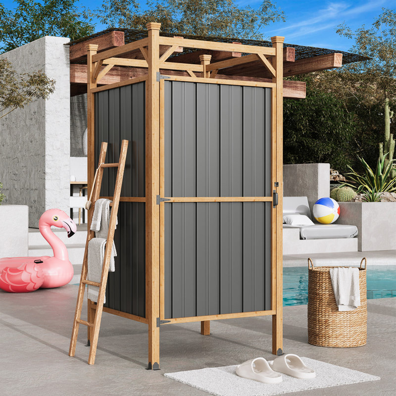 Outdoor Shower Enclosure With Lockable Door, Privacy Outside Shower Stall With Metal Panels, Hooks & Shelves - For Pool Wash Station, Backyard & Beach Rinse Area