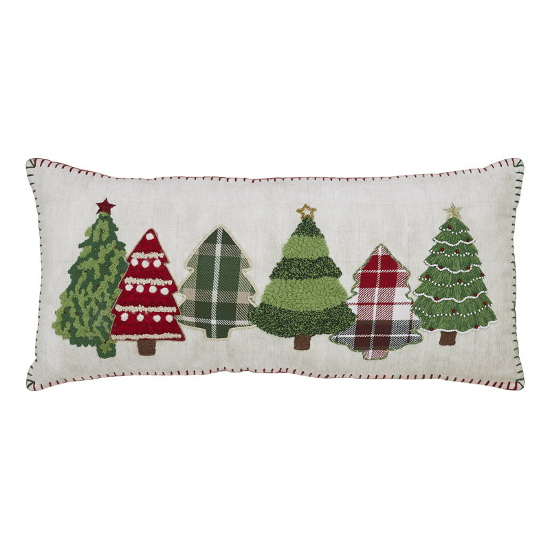 Oreiller en velours brodé Gingerbread House, Crème / vert / rouge, Rectangulaire H 14 po x l 30 po