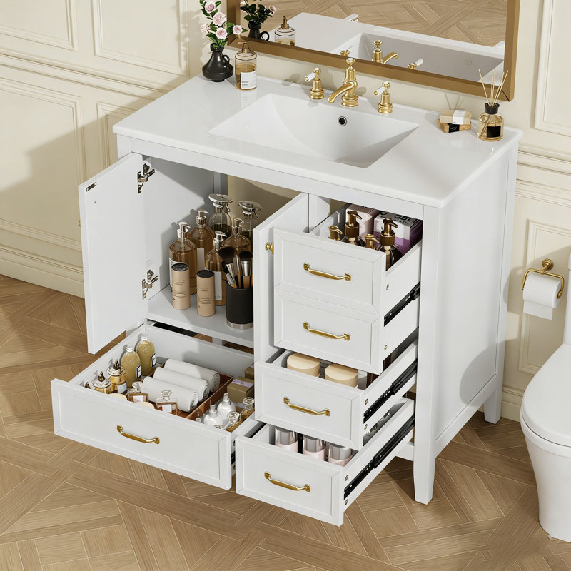 Meuble-lavabo de salle de bain avec lavabo, porte à fermeture douce, 4 tiroirs et poignées en métal, Blanc
