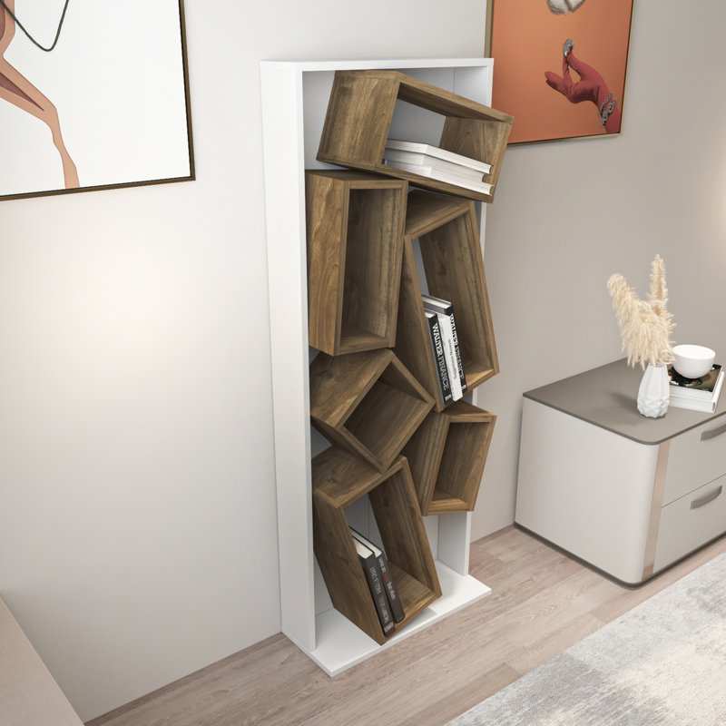 Lileana 153.6cm H x 60cm W Geometric Bookcase, White/Light Brown