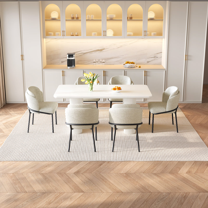 62.99" Modern Rectangle Cream White Dining Table Set with 6 Chairs for Kitchen, Bar, Living Room, 7 Pieces: Table, 6 Chairs