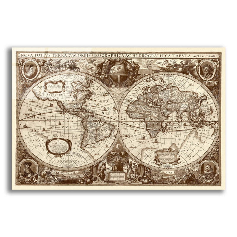 Nova Totius Terrarum Or bis Tabula (sépia) par Hines, art mural en verre acrylique, H 16 po x l 24 po x P 0,2 po
