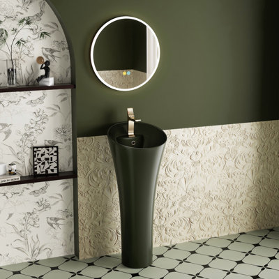 Olive‑Green Modern Minimalist Ceramic Freestanding Pedestal Sink with Smart Round Mirror