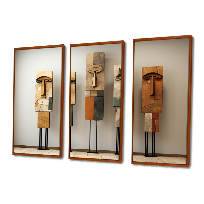 Ensemble d'œuvres d'art sur toile «African Traditional Spirit Totems», H 28 po x l 36 po, Cadre flottant brun