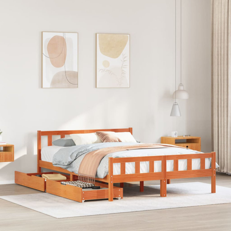 Solid Wood Storage Bed, Kingsize (5'), Wax Brown